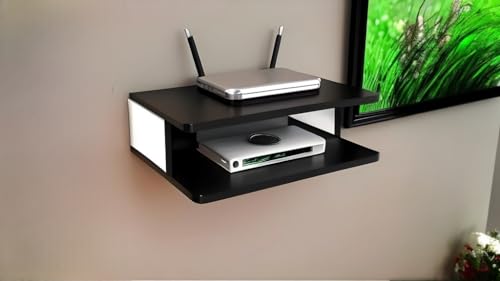Image of Engineered Wood Set Top Box Stand TV Stand WiFi Router Rack Wall Shelf for Living Room Stylish Hanging Rack Organizer Shelf Furniture (Black & White)