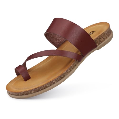 TEMOFON Women Summer Flip Flops: Genuine Leather Sandals, Cork Footbed, Comfortable Arch Support, Black/White/Brown/Nude Thong Sandals Size 5-11