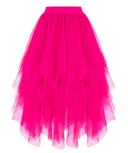 Dressever Damen Unregelmäßiger Tüllrock Mehrschichtiger Mesh Faltenrock A-Linie Hoher Taillierter Rock Ballett Tutu Abschlussball Party Karneval Party Rock Fuchsia X-Large