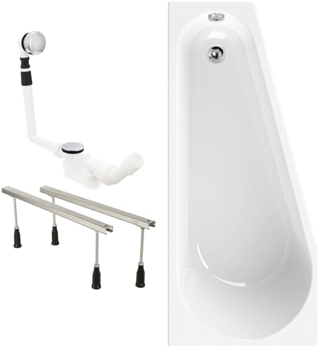 Calmwaters® Raumsparende Eckbadewanne 160x70 cm Essential Small, Made in EU, 3in1 Acryl-Badewanne mit Wannenfüßen & Ablaufgarnitur, platzsparende Badewanne rechte Ausführung, 160 x 70 cm, Weiß