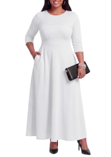 Image of FANDEE Fit-and-Flare Maxi Dress Round Neck Pleated Front Side Pockets | Front pleats soft flatter your bust shape; Empire Waist lengthen your figure; 3 /4 sleeves round neck suit for many occasions