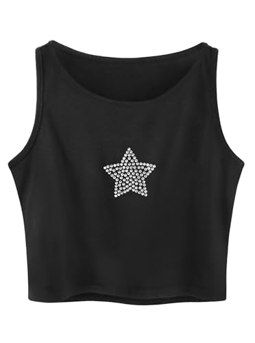 Remidoo Women's Casual Sleeveless Cropped Top Star Graphic Crewneck Tank Top Shirts Black Large