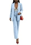 Tcremisa Women's Pants Suits Dressy Business Casual Long Sleeve Blazer and Pant Sets 2 Piece Work Office Outfits Light Blue