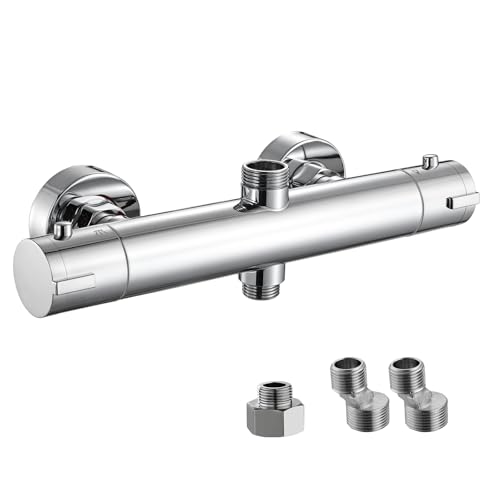 Peppermint Thermostatic Shower Mixer Bar Valve Wall Mounted, Modern Chrome Thermostatic Shower Valve Round with Two Outlet, Hot & Cold Water Mixer Constant Temperature Control for Bathroom
