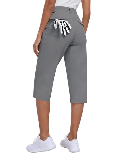 MoFiz Womens Capri Pants with Pockets Lightweight Hiking Golf Capris Summer Quick Dry Elastic Waist Capris Light Grey L