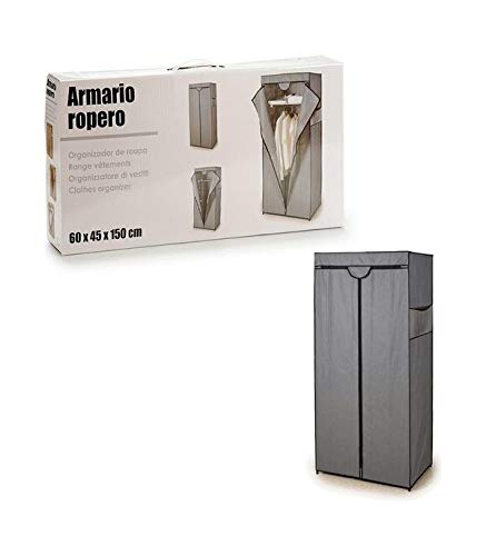 TU TENDENCIA UNICA Armario ropero de Tela TNT en Colores Gris y Beige. Estructura metálica,Apertura Mediante Cremallera y Bolsillo Exterior Multiusos. (60 x 45 x 150 cm)