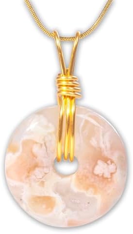 Handmade Moss Agate, Gem Lepidolite,Golden Sheen Obsidian And Sliver Sheen Obsidian Pendant Necklace - Good Energy Crystal Holder with Gold Chain, Vintage Copper Wire Jewelry for Men & Women, Chakra Healing Donut Charm, Perfect Vacation Essential & Friendship Gift, Special Birthday, Anniversary Jewelry