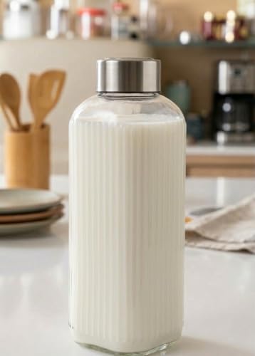 Image of CROCO JAR Wide Mouth Glass Water Bottle, 750 ML Strip Set of 4 | Leak-Proof Airtight Lid, Double Layer Stainless Steel Lid, For Water, Smoothie, Juices