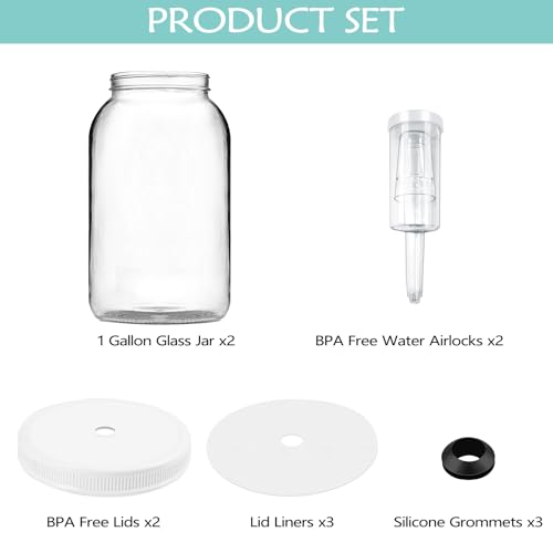 Artcome 2 Pack 1 Gallon Fermentation Jars with Airlocks & Lids - Great for Pickles, Hard Kombucha, Beer, Wine, Cider - Perfect for Homebrewers and Beverage Makers - Gallon Lid with Econolock Airlock