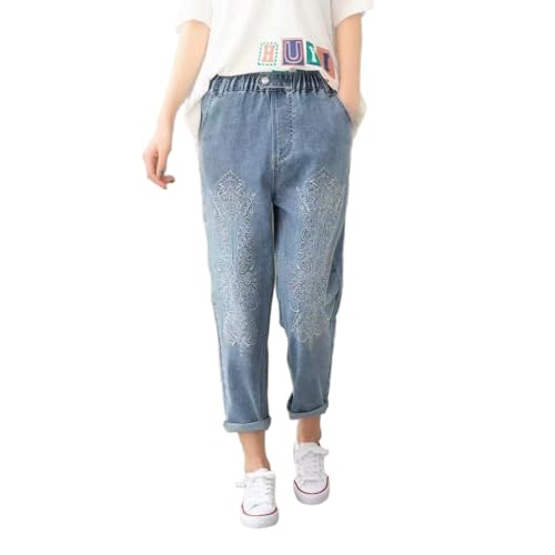 Women's Capri Pants Summer Wide Leg High Waist Pants Drawstring Casual Pants with Pockets Embroidery Jeans Blue