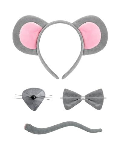 HeHeGe Mouse Costume Set Grey Mouse Ears Tail Nose and Bow Tie Cartoon Animal World Book Day Cosplay Accessory Halloween Dress Up