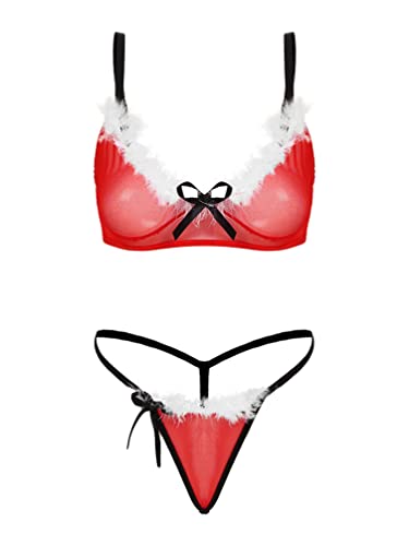 TiaoBug Damen Weihnachten Weihnachtsfrau Kostüm Rot Sexy Dessous Set BH und Slip Hotpants Kunstpelz Besatz Erotische Reizwäsche Rot H S