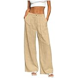 Womens Cotton Linen Straight Leg Pants Button Zipper Fly with Back Half Elastic Waist, Comfort Trousers with Pocket Khaki