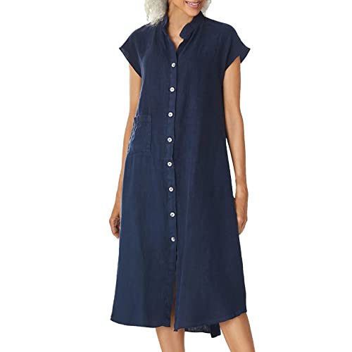 Damen Kleider Lady Solid Kurzarmkleid für Frauen Sommer Button-Down-Hemdkleider Kurzarm Umlegekragen Taschen Fit Kleid Baumwolle Leinen Midi...