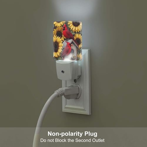 Image of Sunflowers Red Birds Night Light Set of 2, Auto Sensor LED Dusk-to-Dawn Nightlights, Plug-in Sensor Lamp for Bedroom Bathroom Kitchen Hallway Stairs Decorative