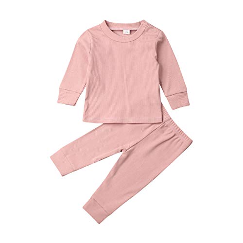 Baby Unisex Pajamas, Top with Pants Set 2 Piece Outfit, Basic Plain Rib Stitch Clothing Set for Infant Baby Boy Girl (Pink Pajamas Set, 0-6 Months)