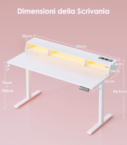 Offigo Scrivania Gaming, 140Cm Scrivania Regolabile Con Led Rgb E Prese, Elettrica Standing Desk Con 3 Cassetti Aperti, Tavolo Con Porta Bicchiere E Ganci Per Cuffie, Fibra Di Carbonio, Bianca - 2