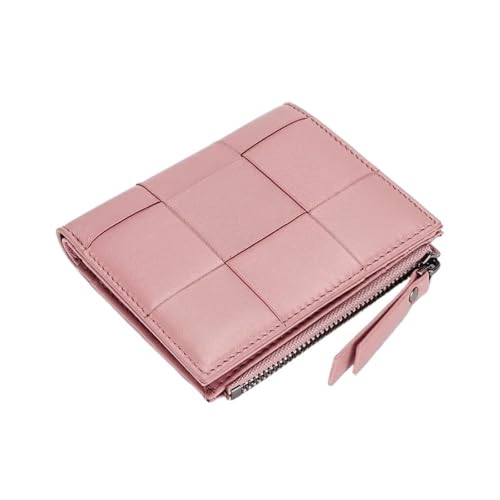 Portefeuille femme en cuir texturé rose : pochette de luxe avec porte-carte tissé