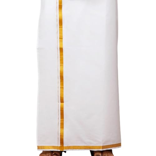 Image of Success Stationery White Dhoti for Men Cotton with Golden Zari Border | Lungi for Men Cotton | South Indian Veshti Pancha Panche | Kerala Mundu | 2 Meter | Single Layer Daily Wear Pooja Wedding