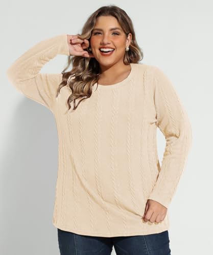 Image of CARCOS Womens Plus Size Tops Basic Fall Cable Knit Sweaters Long Sleeve Shirts Crewneck Lightweight Tunic Tops XL-5XL