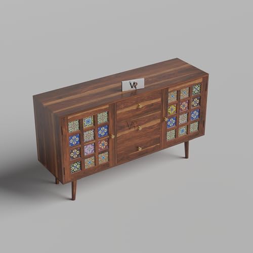 Image of VAP Solid Sheesham Wood Sideboard Cabinet with Glass Doors & 3 Drawers | Wooden Crockery & Buffet Cabinet For Living Room, Dining Room & Kitchen | Modern Crockery Cabinet | Honey Finish
