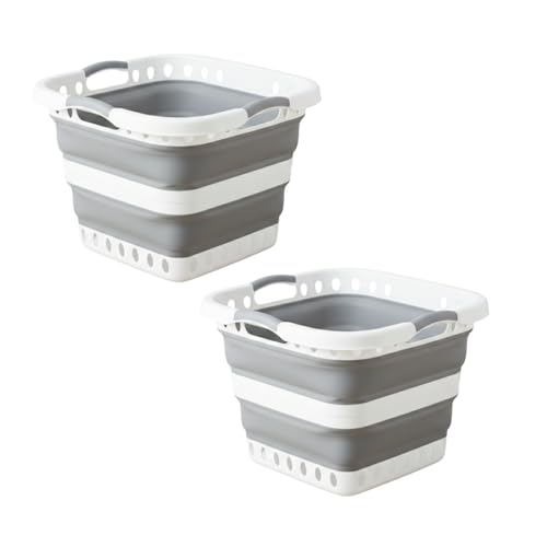 HOMESHOPA 40L Collapsible Laundry Basket, Foldable Pop Up Storage Container/Organiser, Portable & Lightweight Washing Bin Tub, Comfortable Non-Slip Handles, Space Saving Bucket/Hamper (2 Grey)