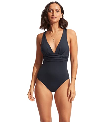 Seafolly Damen- Badeanzug mit tiefem V- Ausschnitt, breiter Riemen, einteiliger Badeanzug, Marineblau (Eco Collective True Navy)