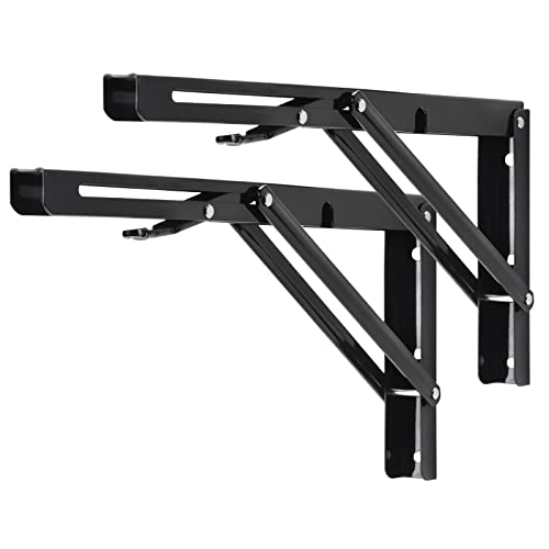 Image of YUMORE 14 Inch Folding Shelf Bracket, Heavy Duty L Bracket, Black, 2 Pack | 330 LB Load Capacity, Foldable Locking Design, Easy Release Lever, Easy Installation, Includes Hardware