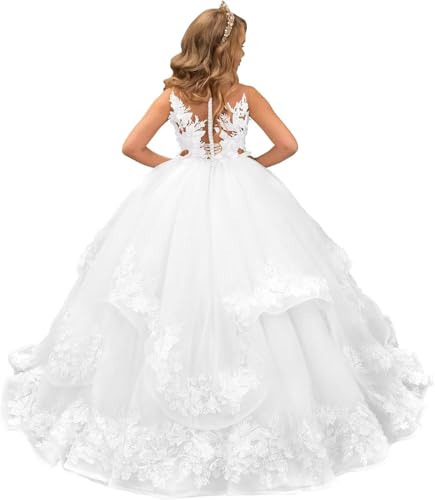 Tulle Flower Girl Dress for Wedding Floral Applique Pageant Ball Gown Dress for Girls Princess Party Dress
