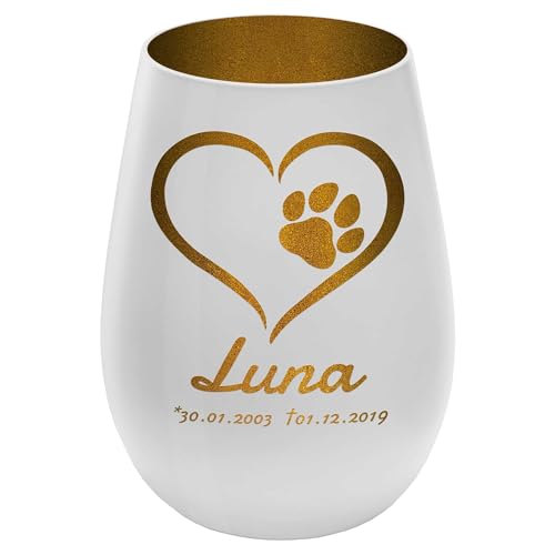 Trauerlicht Haustier mit Herzmotiv - Au&szlig;en Wei&szlig;/Innen Gold - personalisierbar mit Name und Datum - H&ouml;he 12 cm - Gedenklicht Windlicht Teelichthalter Hund Katze