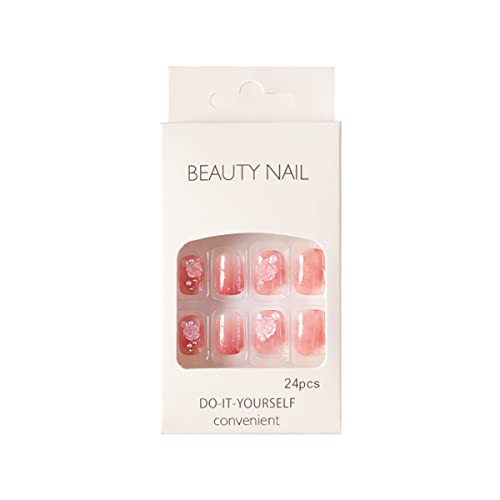 24Pcs Camellia Pearl Shine Press On Nails Short Square Fake Nails Glitter Coffin Light Change Design False Nails Full Cover Artificial Nails Glue On Nails For Women Girls Acrylic Manicure Decorations #TOP4