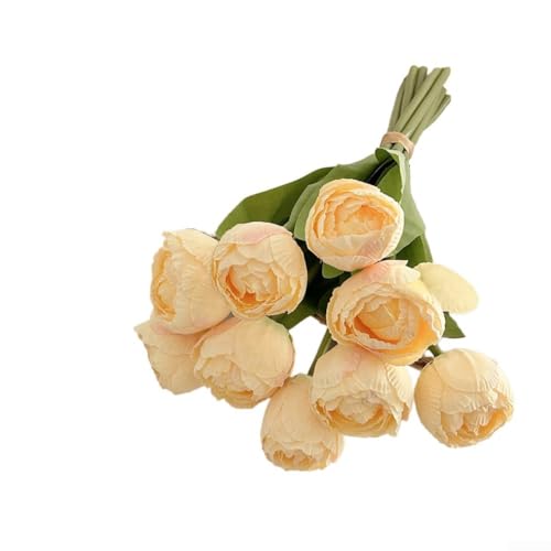 Bouquet de tulipes en soie à 9 têtes avec bords brûlés naturels pour décoration intérieure, cuisine, comptoir, salle de bain, coiffeuse ou espace de travail (jaune lait)