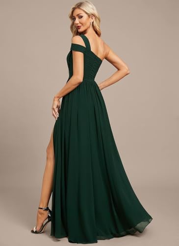 One Shoulder Chiffon Bridesmaid Dresses Long with Slit A-line Ruched Formal Gowns for Women with Pocket WO0762