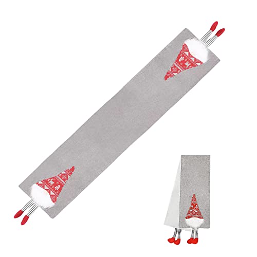 Camino de mesa de Navidad, color gris, con Wichtel, decoración de mesa de lino, decoración de Navidad, camino de mesa de Navidad, camino de mesa (33 x 180 cm, gris) Cover