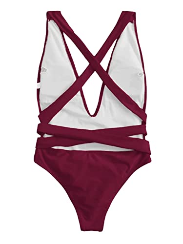 Image of Lilosy Sexy Tie Criss Cross Plunge One Piece Thong Swimsuit High Cut Brazilian Bathing Suit