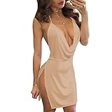 VANCOL Women's Sexy Deep V-Neck Halter Backless Slit Mini Party Club Dress (XXL, Flesh Color)