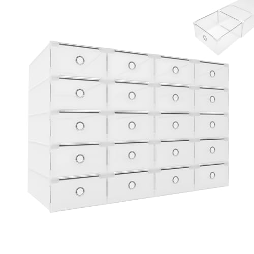 DHQCQL Lot de 20 boîtes de rangement à chaussures transparentes, empilables avec tiroirs, 31 x 20 x 11 cm, gain d'espace, rangement DIY pour baskets, talons hauts et bottes