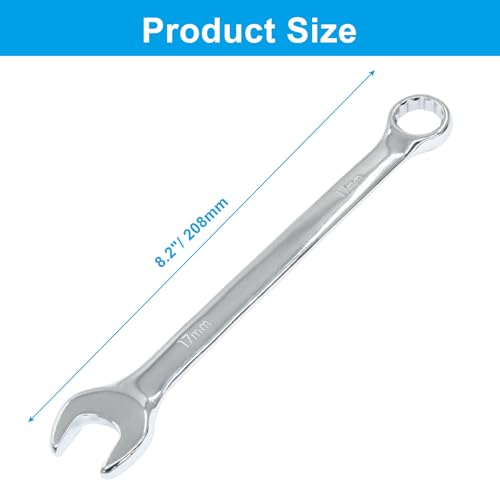 Image of Hordion 17mm Metric Combination Wrench Spanner with 12-Point Box End and Open End Mirror-Chrome Plated High Carbon Steel