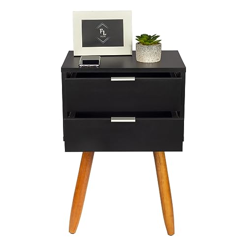 KIT 2 Mesas De Cabeceira Retro PRETO COM 2 GAVETAS DE 40cm Pé CASTANHO ENVIO MONTADA