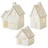 Hbbgdiy Casas de Pueblo de Navidad Juego 3 Piezas Pequeñas cerámicas Blancas Aldea de Navidad con Casas de iluminación LED Mini Xmas Town Decor para exhibición de Mesa Home