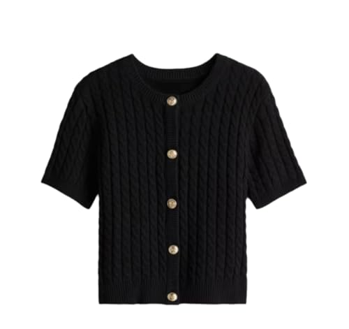 Image of Women Cable Knit Short Sleeved Sweater Cardigan Casual Button Up Soft Solid Sweater Shirt