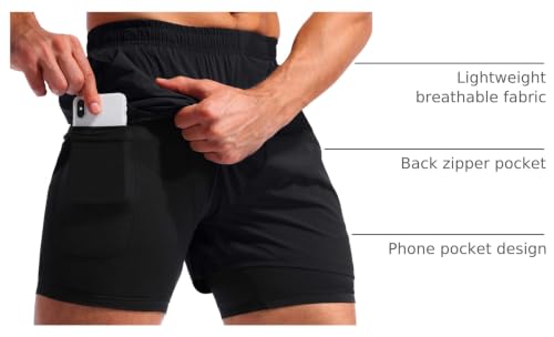 Image of Pudolla Men's 2 in 1 Running Shorts 5 inch Quick Dry Gym Athletic Workout Shorts for Men with Phone Pockets