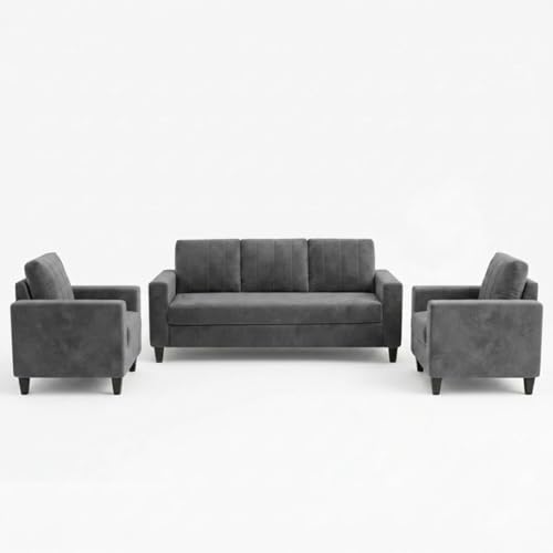 Image of Hendrick Plush Velvet 3 Seater + 1 Seater + 1 Seater Sofa Set | Silken Velvet Upholstery | Golden Legs | Designer Set for Living Room & Office Spaces (Dark Gray)