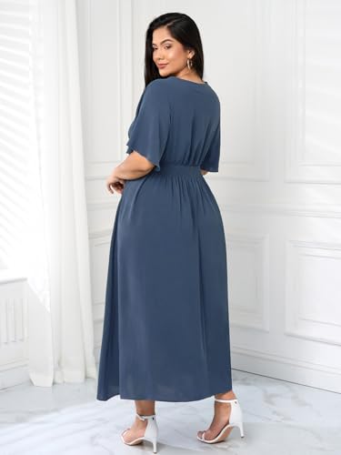 Image of Women's Plus Size Dress for Women Wedding Guest Cocktail Smocked Ruffle Short Sleeve V Neck Flowy Maxi Dresses