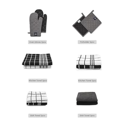 Encasa XO Küchen- und Geschirrtücher – Ofenhandschuhe – Topflappen-Set mit 12 Stück – Reine Baumwolle – Geschirrtücher Graue Kombination – Bild 4