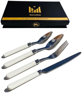 SensiSel 32pc Stainless Steel Cutlery Set with Coloured Handles (Off-White) Tableware for 8 Diners - Gift Boxed