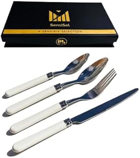SensiSel 32pc Stainless Steel Cutlery Set with Coloured Handles (Off-White) Tableware for 8 Diners - Gift Boxed