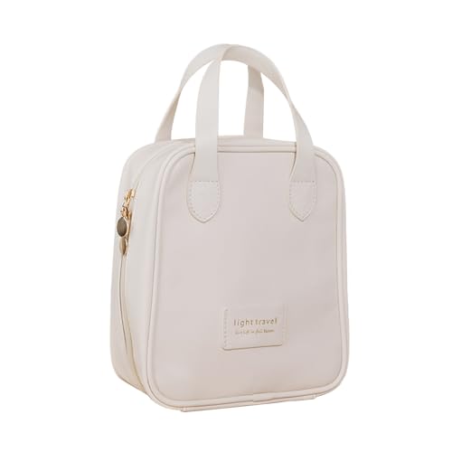 Small Makeup Bag Elegant Portable Premium Cosmetic Bag with Handle for Woman, Large Capacity PU Leather Travel Makeup Bag for Purse Waterproof Storage Toiletry Bag (White)