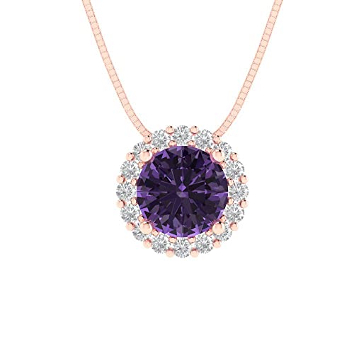 Clara Pucci 1.16 tcw Halo Pendant for Women - Round Cut Simulated Alexandrite in 14K Rose Gold - Womens Birthday Birthstone Necklace with 16