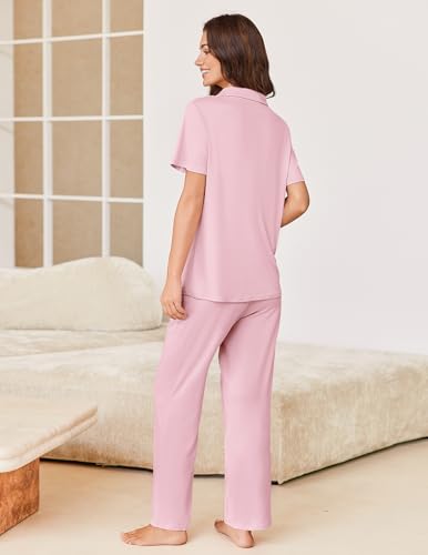Image of Ekouaer Pajamas for Women Set Button Up Short Sleeve Pjs Sets With Pockets | Soft Womens Sleepwear,V Neck,Notch Collar,2 Piece Classic Loungewear With Long Pant for Sleep,Lounge,Fall